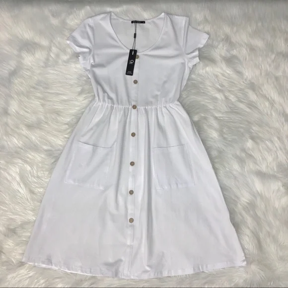 NEW OUGES Women’s V Neck Button Down Dress & Pockets Sz M - Picture 5 of 8